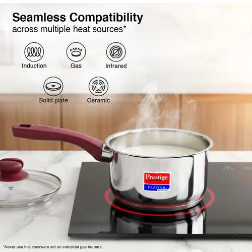 Prestige Platina Popular Stainless Steel Unique Impact Forged Bottom Sauce Pan with Glass Lid, 14cm (1 L) (Silver) - Detail View